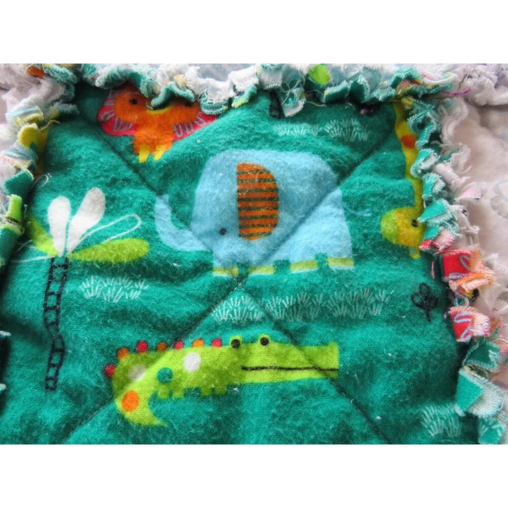 Flannel Rag Quilt With Batting 43 x 43,  Elephants, Zebras, and Jungle Animals